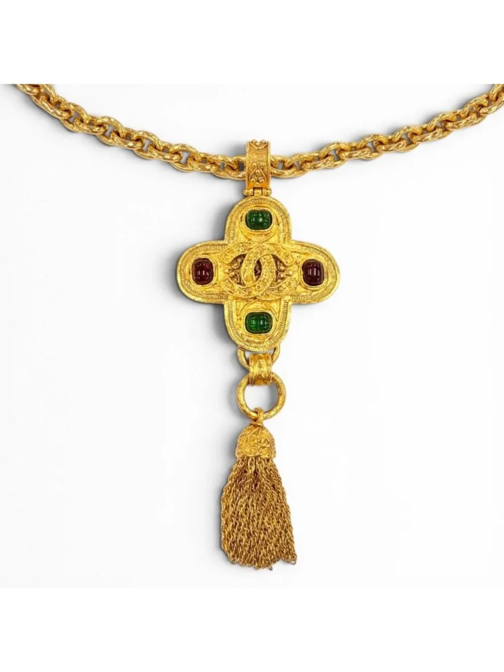 Chanel Vintage CC Logo Gripoix Cross Fringe Long Necklace Gold French